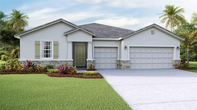 ranch-style home featuring a front yard and a garage