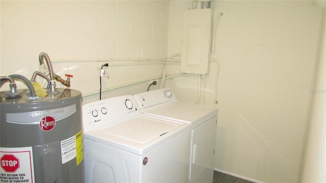 3225 Oakland Rd N, Lakeland, FL 33801 - clothes washing area featuring washer and dryer, electric panel, laundry area, electric water heater, and concrete block wall