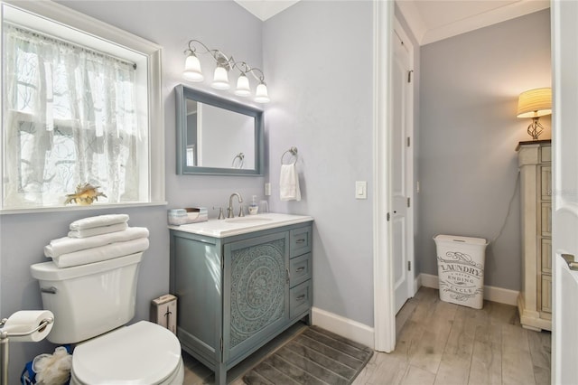 bathroom featuring vanity, toilet, and hardwood / wood-style flooring