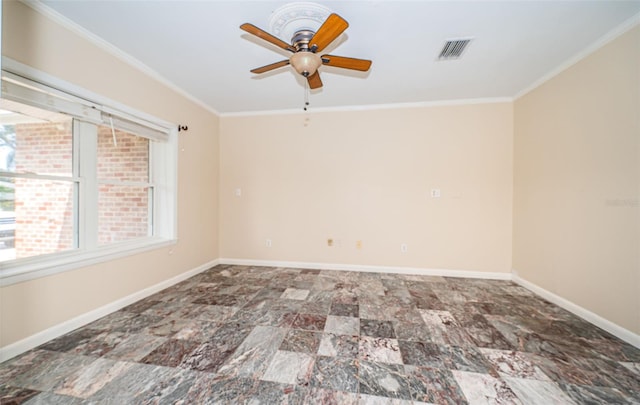 spare room featuring crown molding and ceiling fan