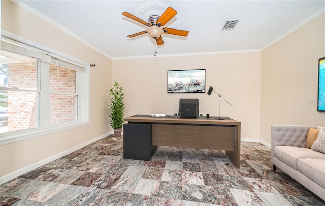 home office with ceiling fan and ornamental molding