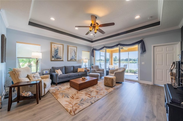 living room featuring ornamental molding, light wood-type flooring, plenty of natural light, and a raised ceiling