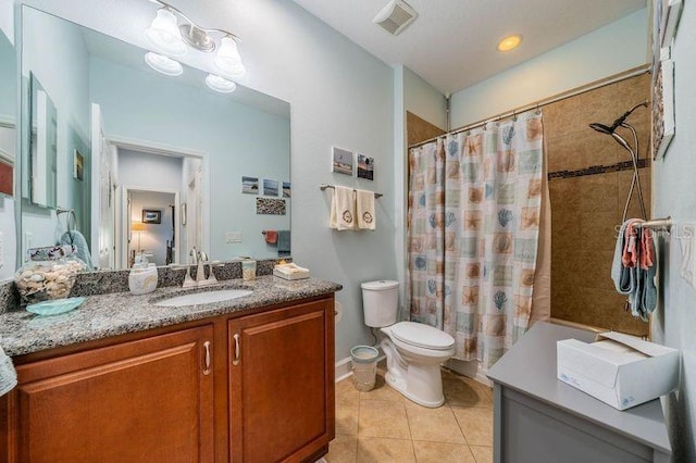 full bathroom with vanity, toilet, shower / bathtub combination with curtain, and tile patterned floors