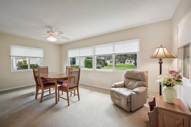 carpeted dining room with a textured ceiling and ceiling fan