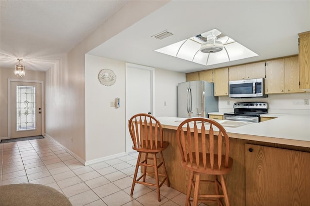 kitchen featuring a breakfast bar, appliances with stainless steel finishes, a skylight, and kitchen peninsula