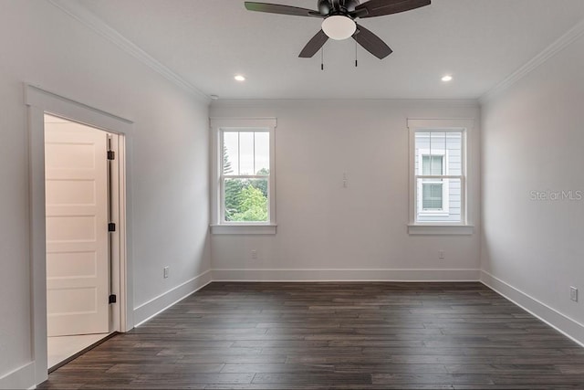 unfurnished room featuring ceiling fan, dark hardwood / wood-style floors, a healthy amount of sunlight, and crown molding