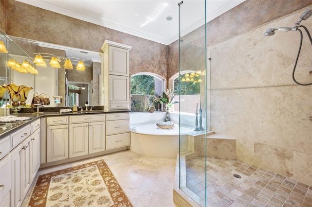 bathroom with separate shower and tub, tile patterned floors, vanity, and ornamental molding