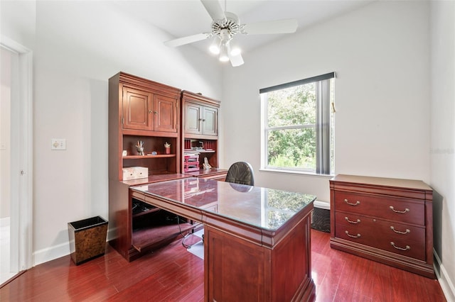 office with ceiling fan and dark wood-type flooring