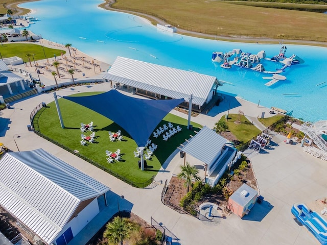 birds eye view of property featuring a water view