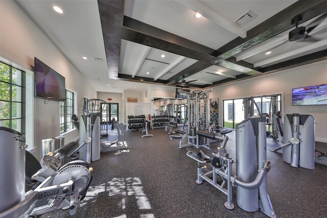 16850 Whisper Elm St, Wimauma, FL 33598 - gym with healthy amount of natural light, beam ceiling, and recessed lighting