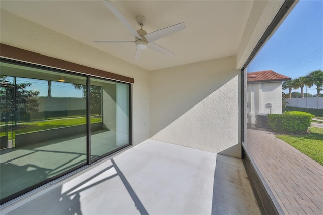 exterior space with ceiling fan, a patio, and central air condition unit