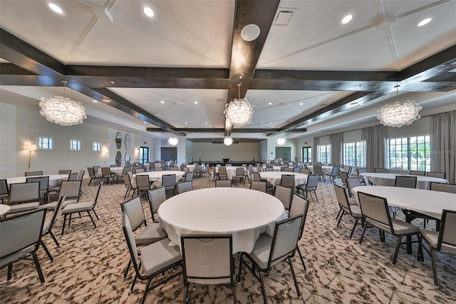 carpeted dining space featuring beamed ceiling, a notable chandelier, and coffered ceiling