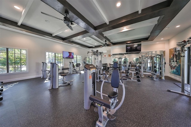 exercise room featuring ceiling fan