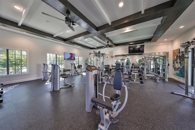 16850 Whisper Elm St, Wimauma, FL 33598 - gym featuring beam ceiling, ceiling fan, baseboards, recessed lighting, and coffered ceiling