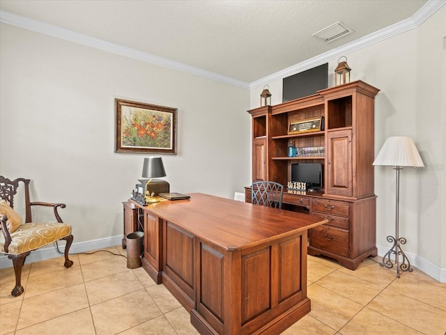 tiled home office with ornamental molding and a textured ceiling