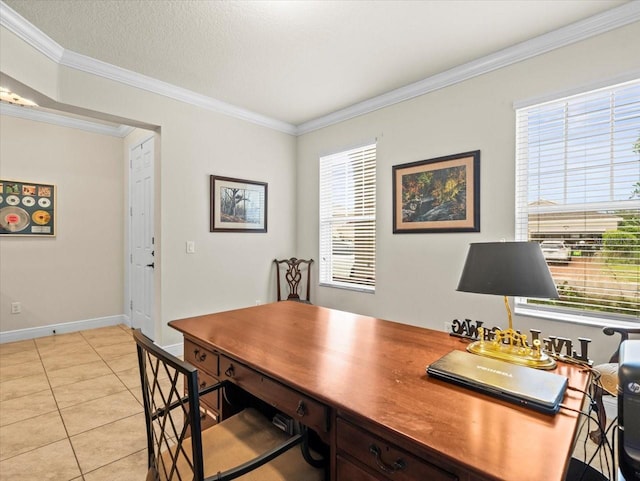 tiled home office with a textured ceiling and ornamental molding