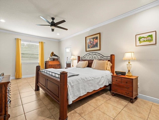 bedroom featuring light tile patterned flooring, ornamental molding, and ceiling fan