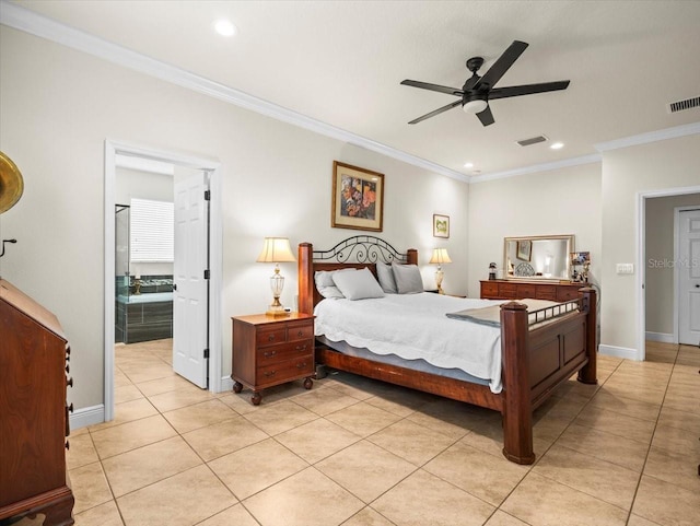 bedroom with ceiling fan, light tile patterned flooring, and crown molding