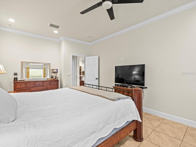 bedroom with ornamental molding, ceiling fan, and light tile patterned flooring