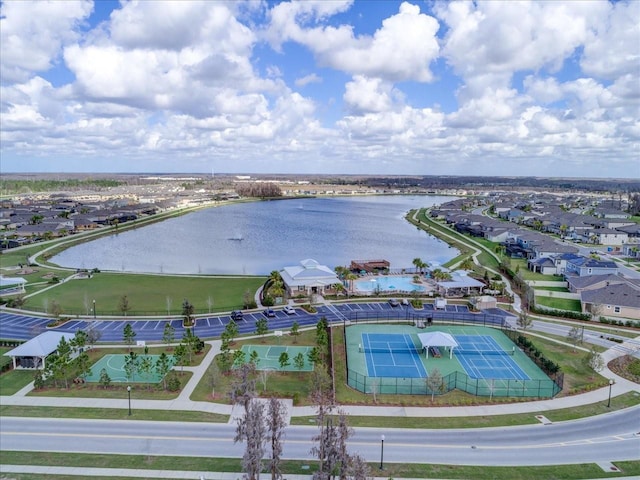 aerial view featuring a water view