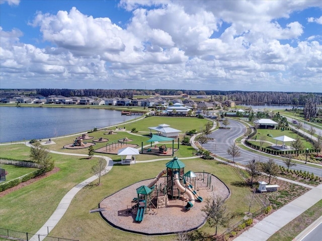 drone / aerial view featuring a water view