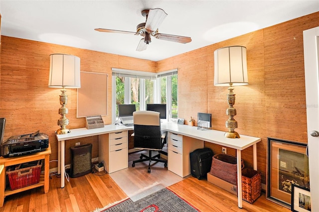 office space featuring light hardwood / wood-style floors and ceiling fan