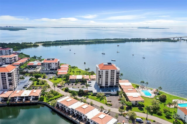 aerial view featuring a water view