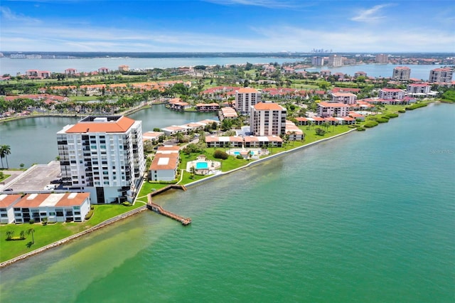 drone / aerial view with a water view