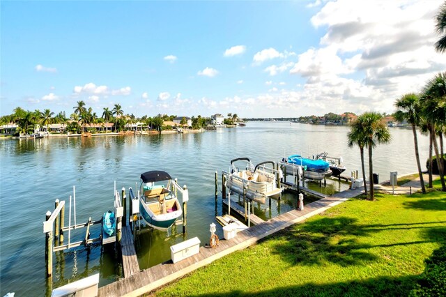 view of dock featuring a water view and a lawn