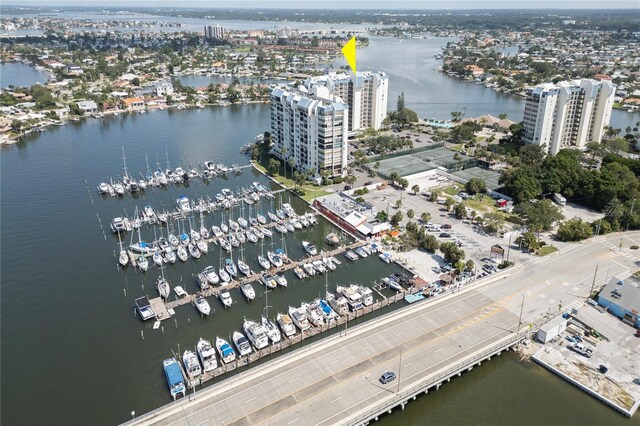 birds eye view of property featuring a water view