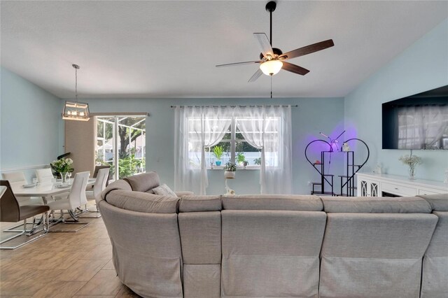 living room featuring ceiling fan