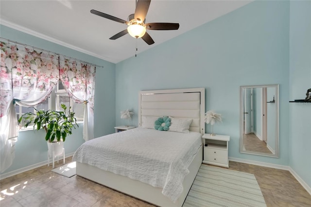 tiled bedroom with ceiling fan