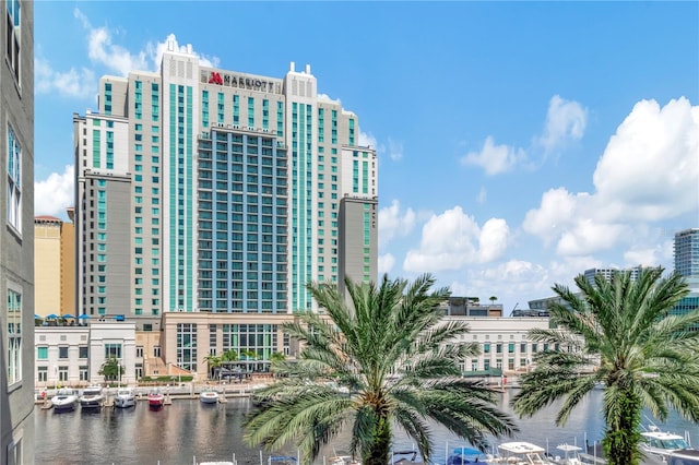 view of building exterior with a water view