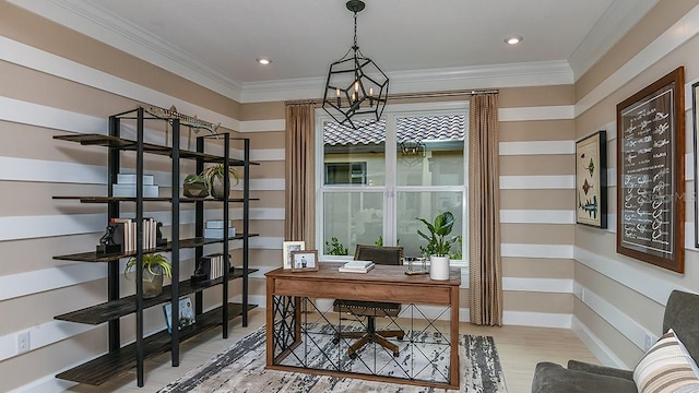 office space featuring crown molding and a chandelier