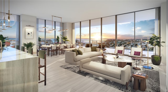 living room with a wall of windows, a chandelier, and light hardwood / wood-style flooring