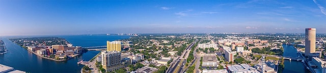 drone / aerial view with a water view