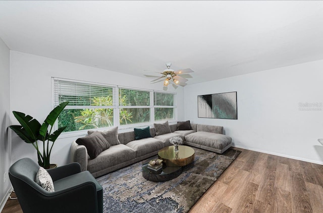 living room featuring ceiling fan and hardwood / wood-style flooring