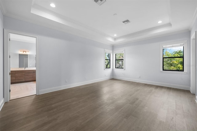 unfurnished room with dark wood-type flooring, plenty of natural light, and a raised ceiling