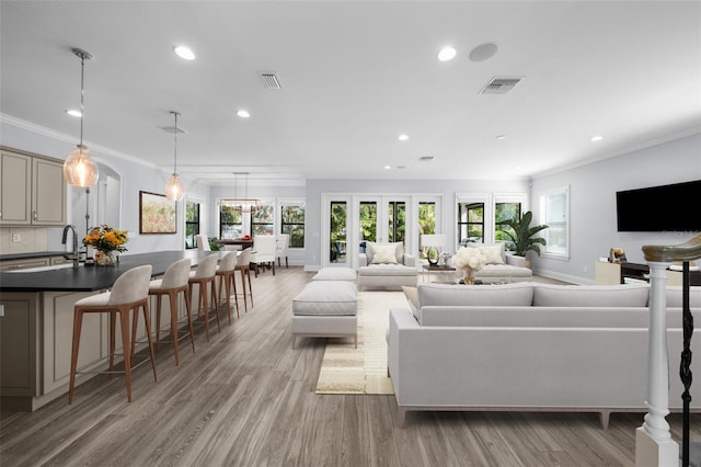 living room featuring ornamental molding and light hardwood / wood-style floors