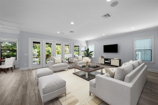 living room with hardwood / wood-style flooring, ornamental molding, and plenty of natural light