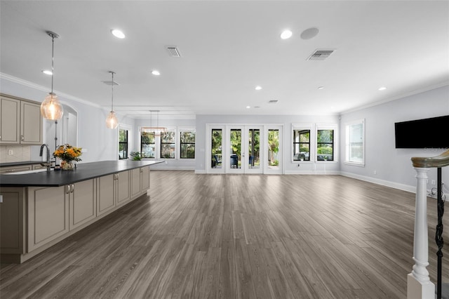 unfurnished living room featuring ornamental molding and dark hardwood / wood-style floors