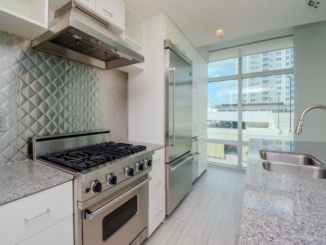 kitchen with light stone countertops, high quality appliances, sink, and white cabinetry