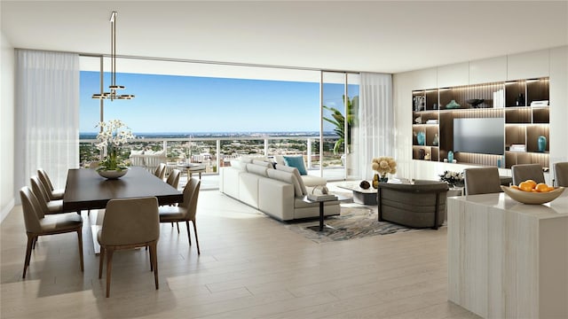 living room featuring light hardwood / wood-style flooring, expansive windows, and a notable chandelier