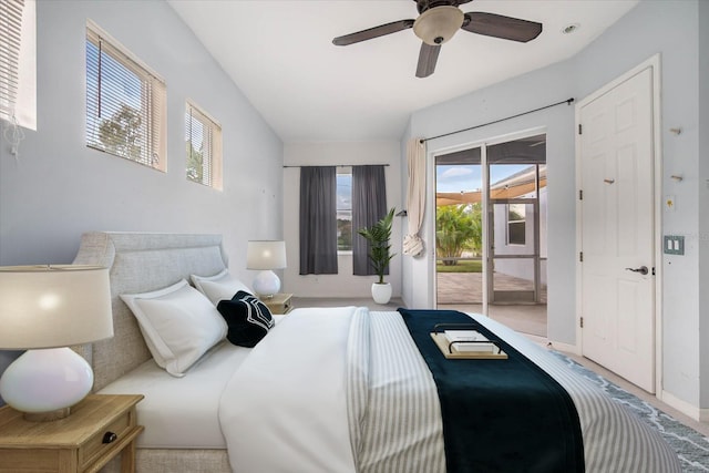 bedroom with access to outside, light carpet, and ceiling fan