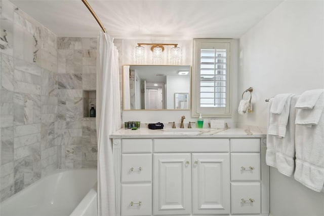 bathroom with shower / bath combination with curtain and vanity