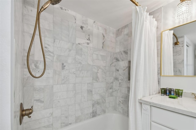 bathroom featuring shower / bath combination with curtain and vanity