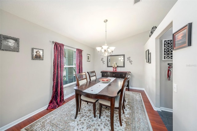 dining area featuring dark wood-type flooring and a notable chandelier