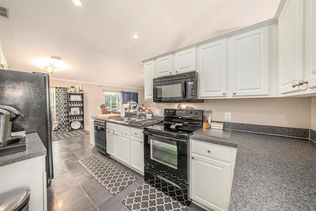 kitchen with sink, black appliances, white cabinetry, and crown molding