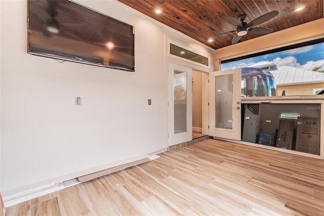 interior space featuring french doors, wood ceiling, ceiling fan, and light hardwood / wood-style flooring