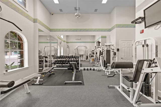 exercise room featuring a high ceiling